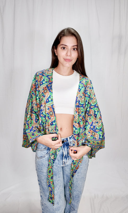 Blusas en seda Wrap Top Verde/Azul