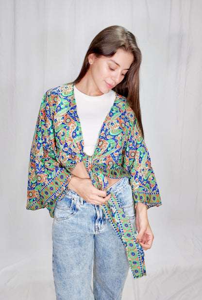 Blusas en seda Wrap Top Verde/Azul
