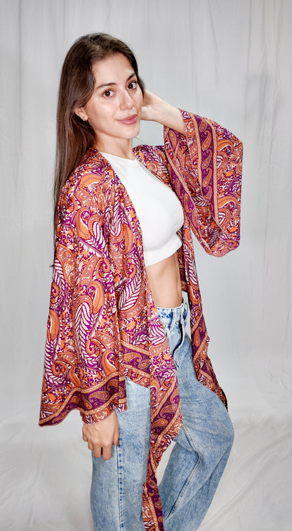 Blusas en seda Wrap Top Naranja/Morado