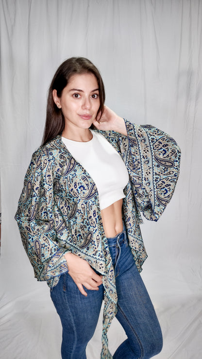 Blusas en seda Wrap Top Azul Turquesa/Azul Oscuro