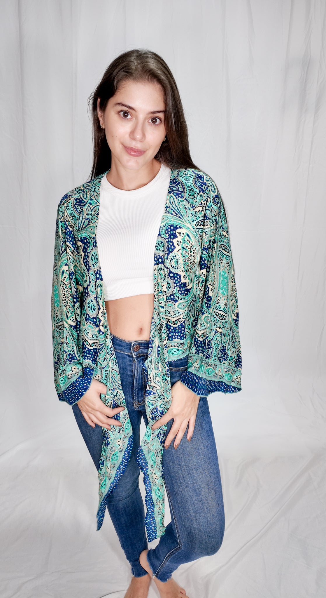 Blusas en seda Wrap Top Azul Turquesa/Beige