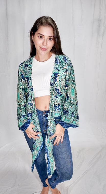 Blusas en seda Wrap Top Azul Turquesa/Beige