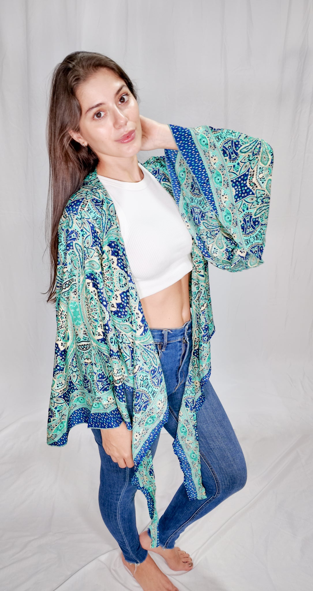 Blusas en seda Wrap Top Azul Turquesa/Beige