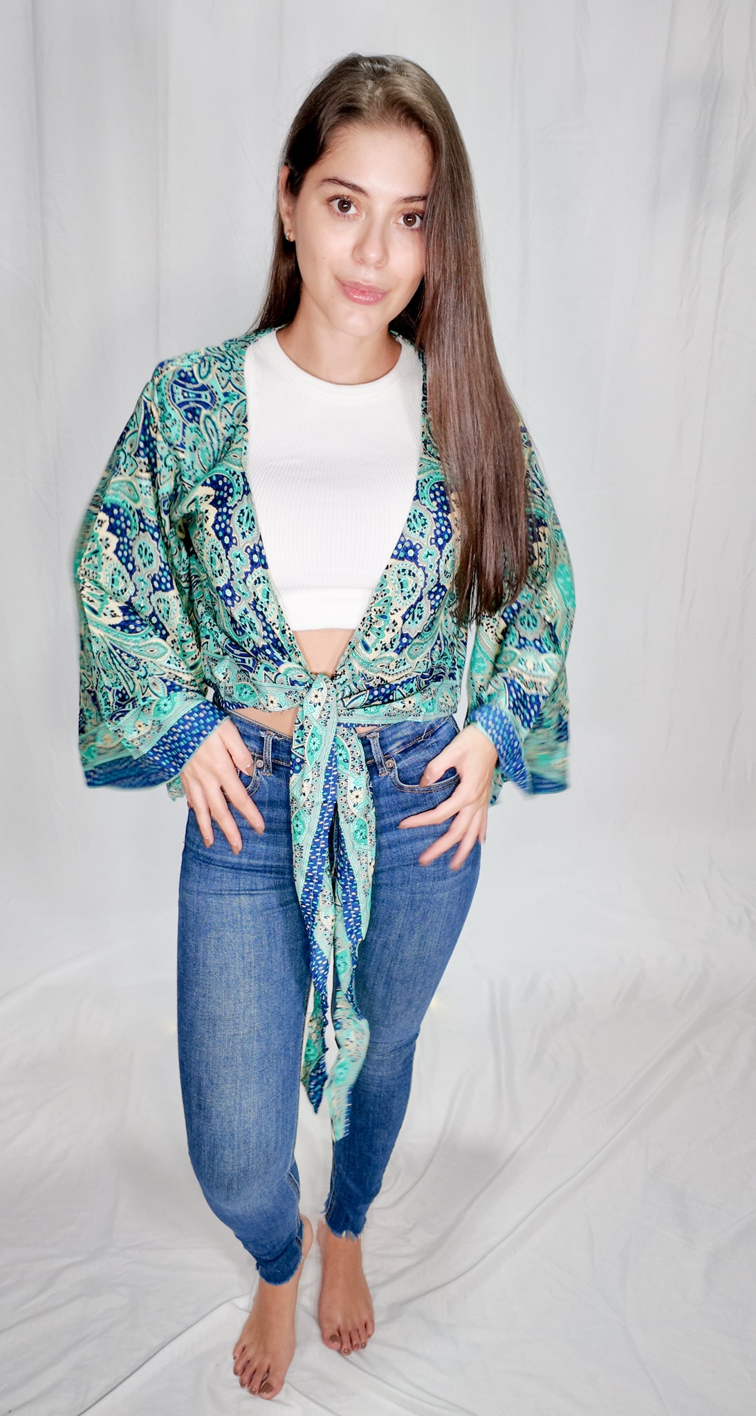 Blusas en seda Wrap Top Azul Turquesa/Beige