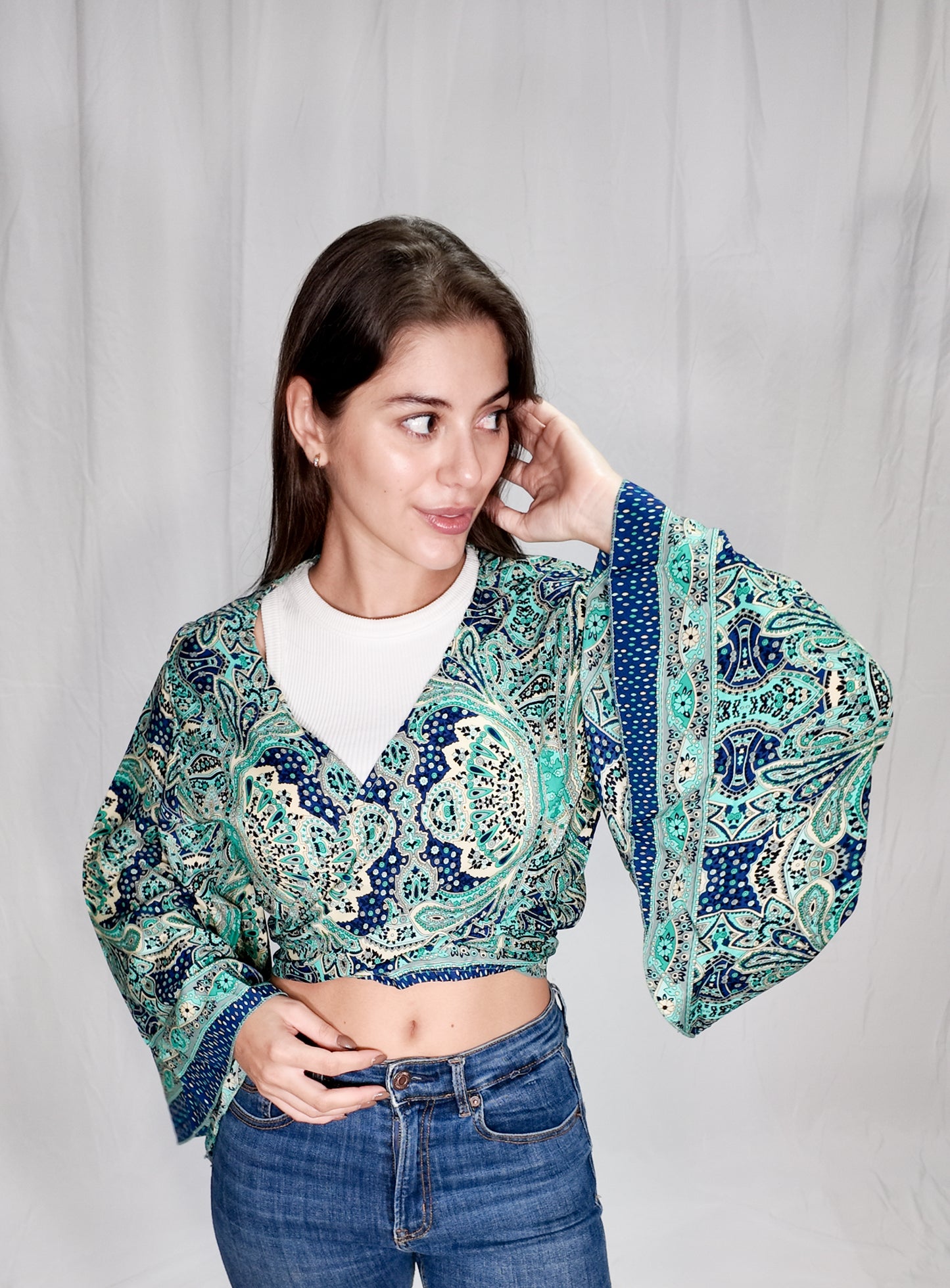 Blusas en seda Wrap Top Azul Turquesa/Beige