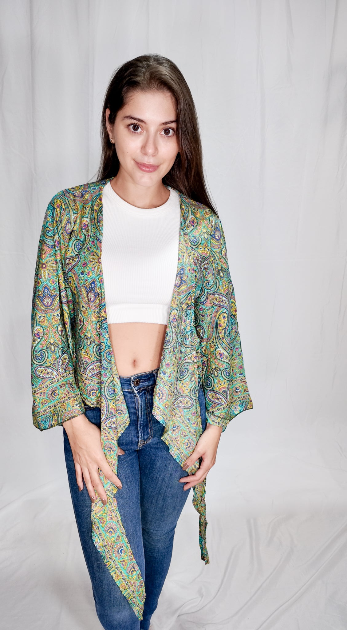 Blusas en seda Wrap Top Verde/Amarillo