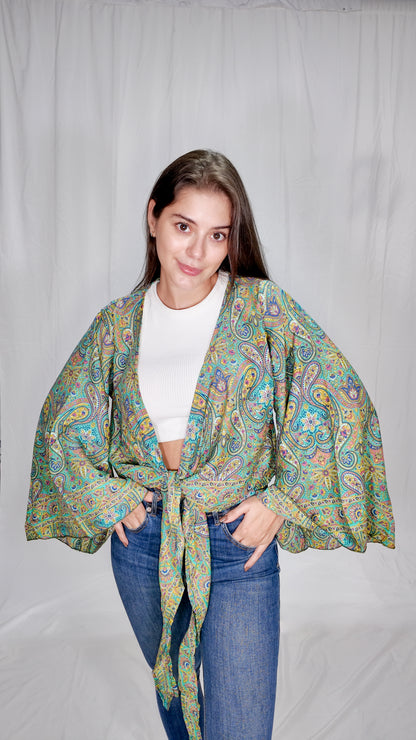 Blusas en seda Wrap Top Verde/Amarillo
