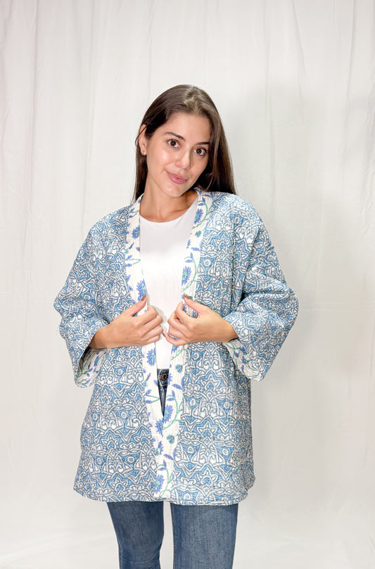 Chaqueta Oversize Algodón Block Printed Azules
