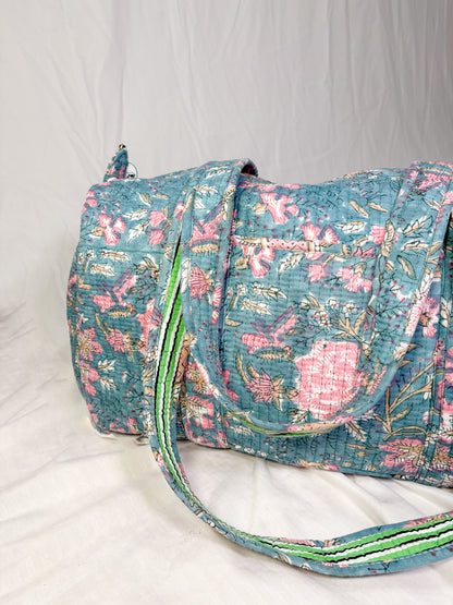 Maleta Estilo Duffel Algodón Block Printed Azul Flores