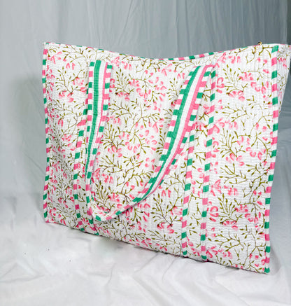 Bolso Shopper Algodón Block Printed Blanca Flores