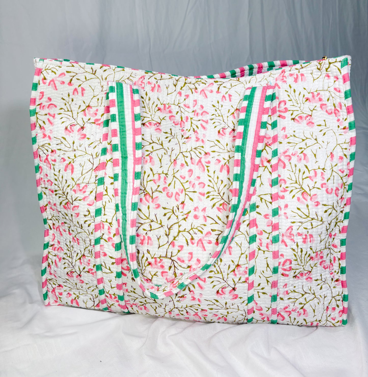 Bolso Shopper Algodón Block Printed Blanca Flores