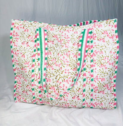 Bolso Shopper Algodón Block Printed Blanca Flores
