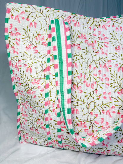 Bolso Shopper Algodón Block Printed Blanca Flores